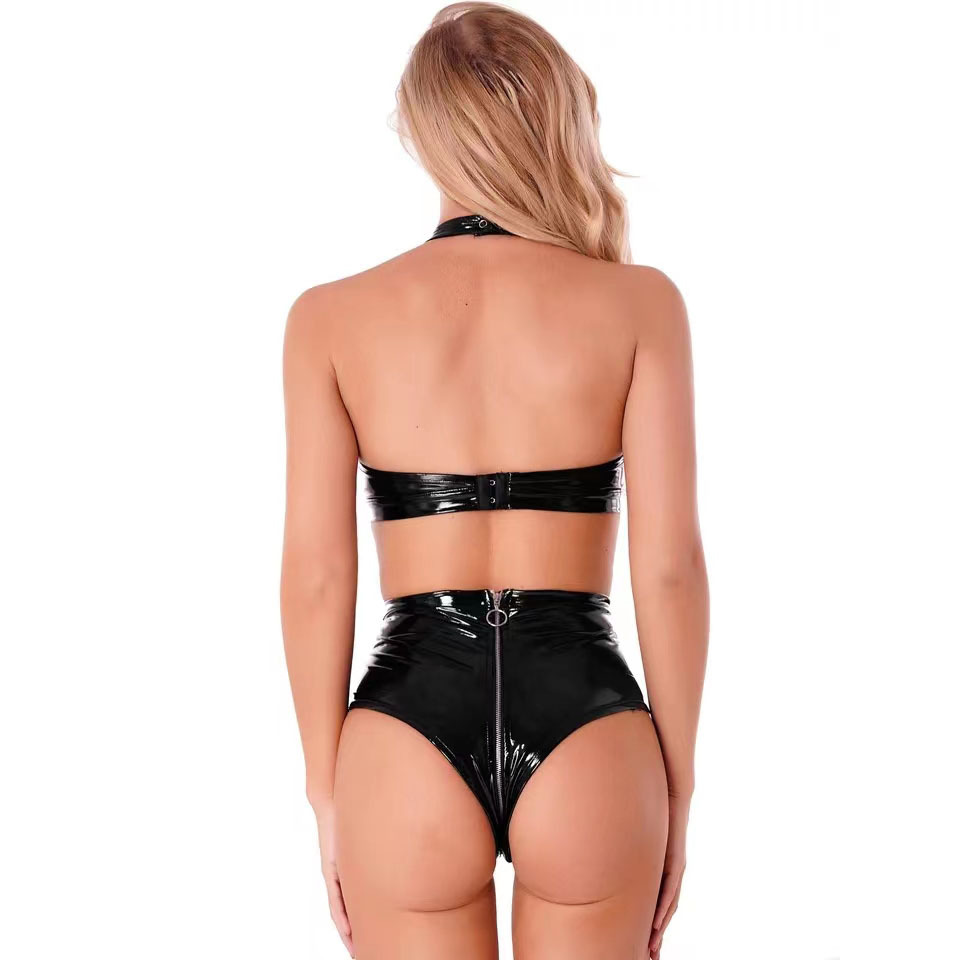 Sexy Black Shiny Pu Latex Leat - Plunge Bra Push Up 评论和价格